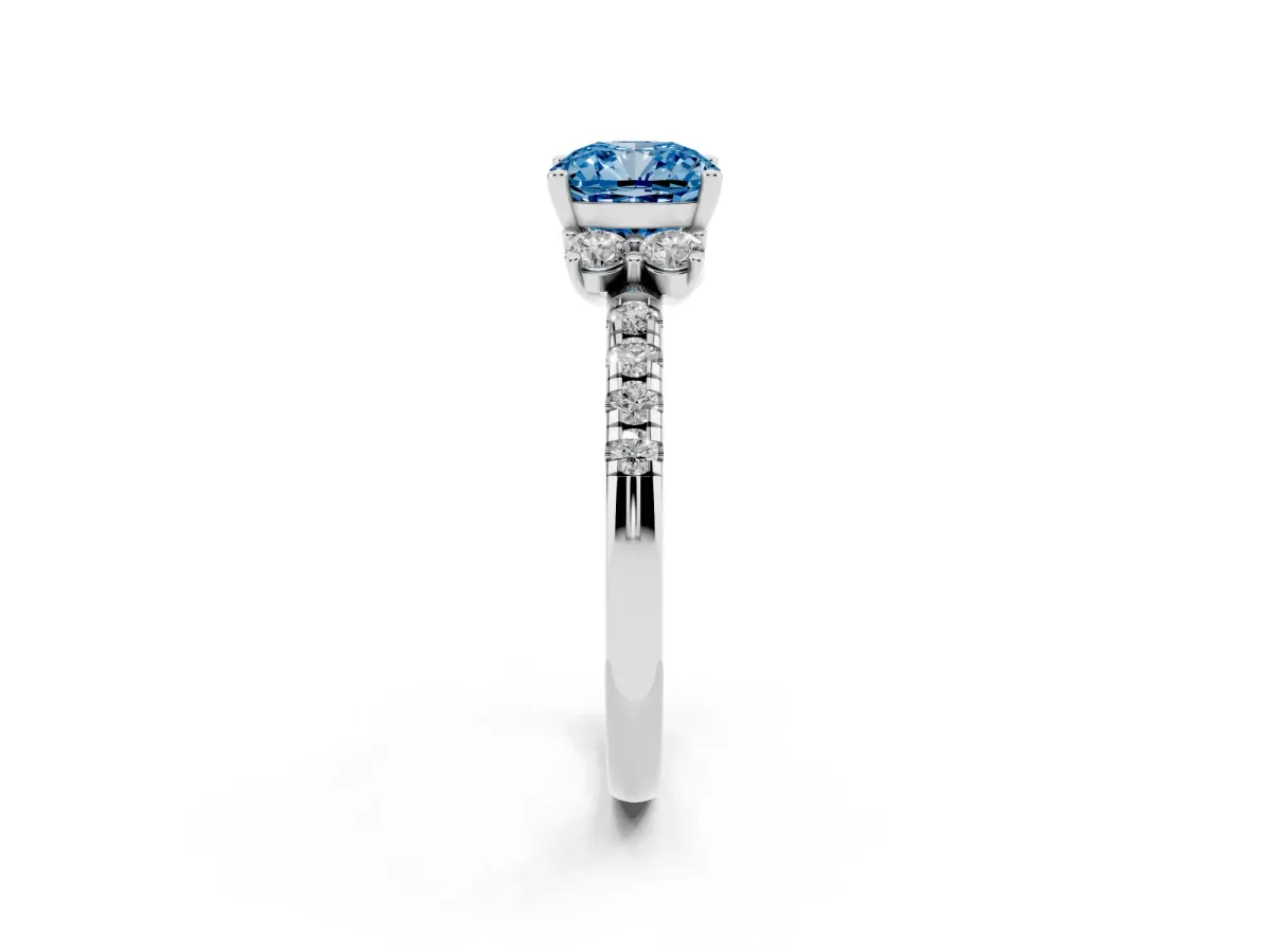 Fancy Blue Cushion Cut Diamond Three-Stone Pave Band with Four-Prong Setting White gold