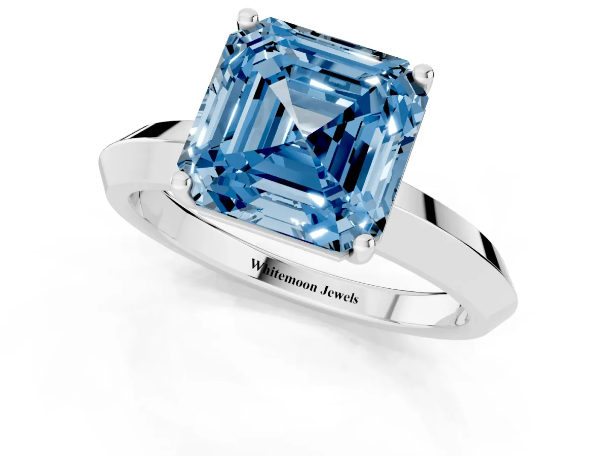 Fancy Blue Asscher Cut Cut Solitaire Engagement Ring with Flat Band and Four-Prong Setting Silver