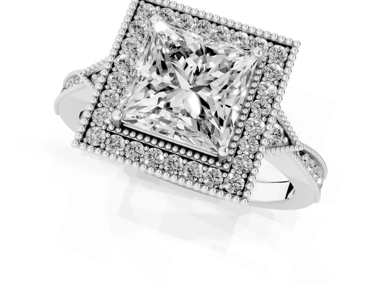 Princess Cut Halo Round Diamond Milgrain Pave Engagement Ring Silver