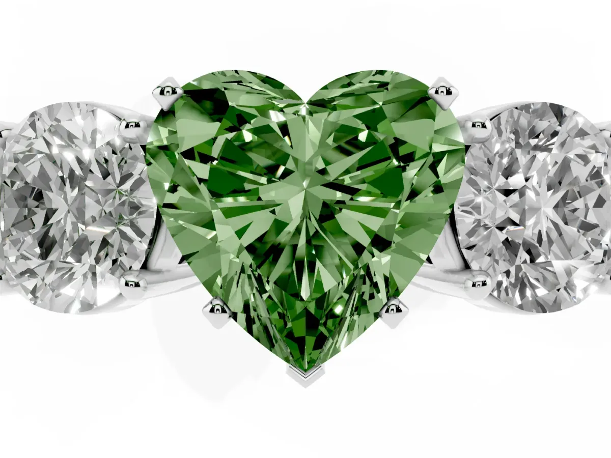 Fancy Green Three-Stone Heart Cut Diamond Ring with Round Side Stones, Classic Band, and Four-Prong Setting White gold