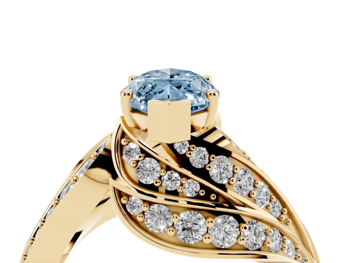 Fancy Blue Marquise Cut Diamond Solitaire Ring with Prong Setting and Twisted Pavé Band Yellow gold