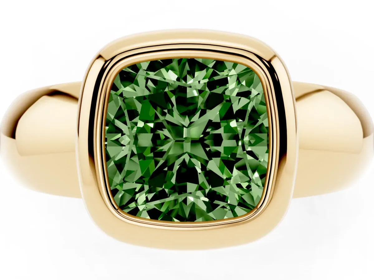 Fancy Green Bezel Set Cushion Cut Solitaire Ring with Wide Band Yellow gold