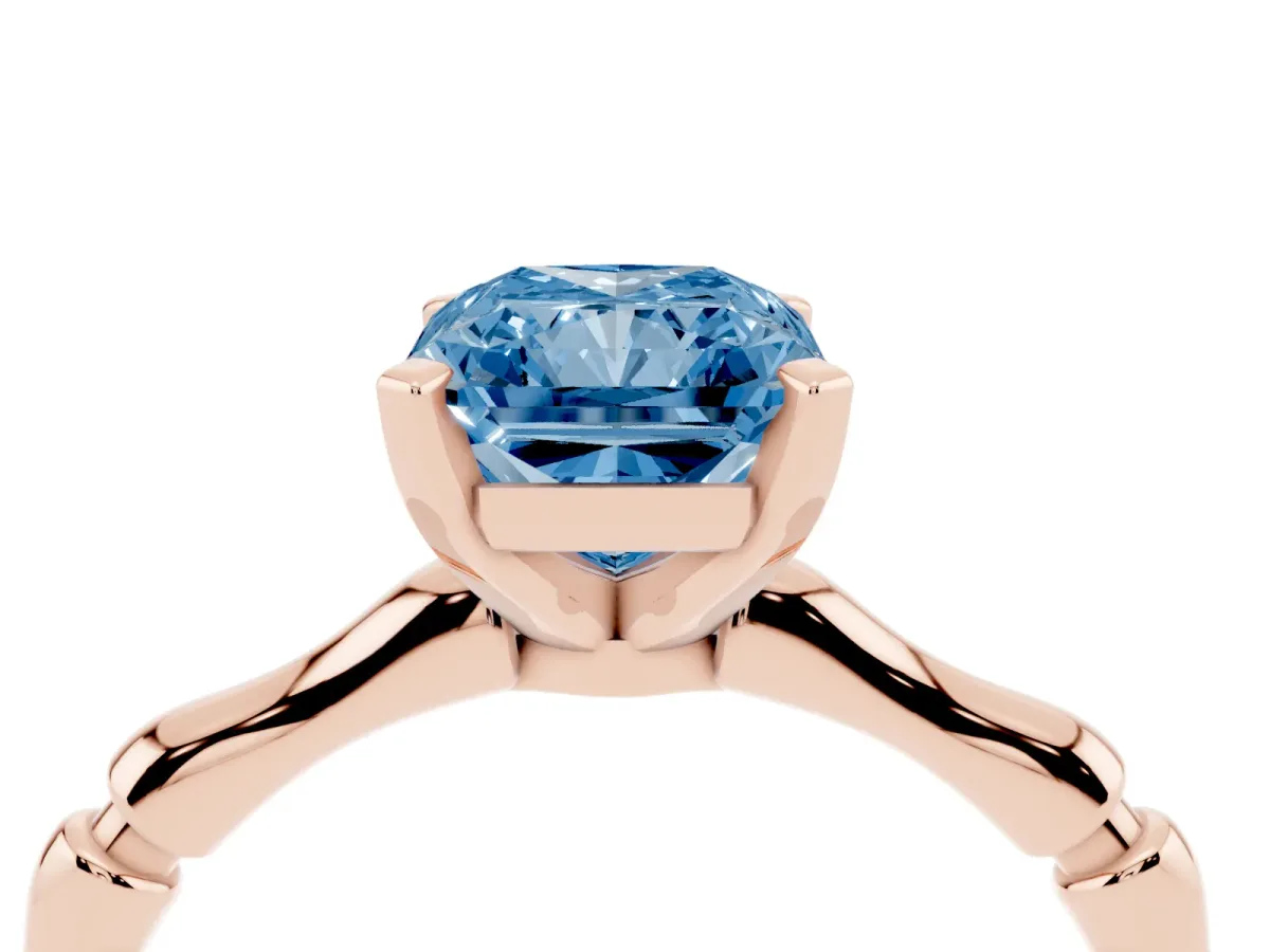 Fancy Blue Radiant Cut Solitaire Diamond Ring with Bamboo Band and Four-Prong Setting Rose gold