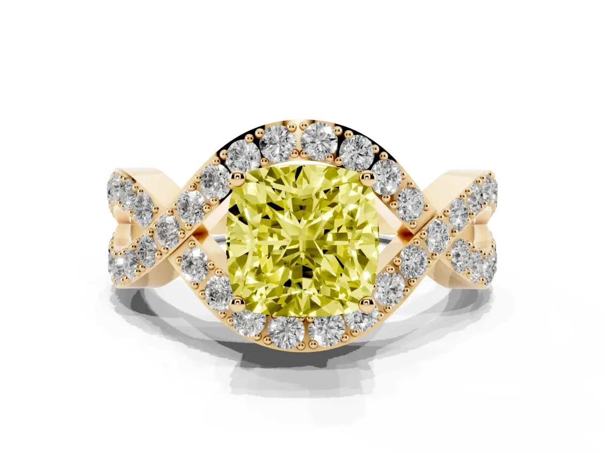Fancy Yellow Cushion Cut Solitaire Twist Band Pavé Diamond Engagement Ring Yellow gold