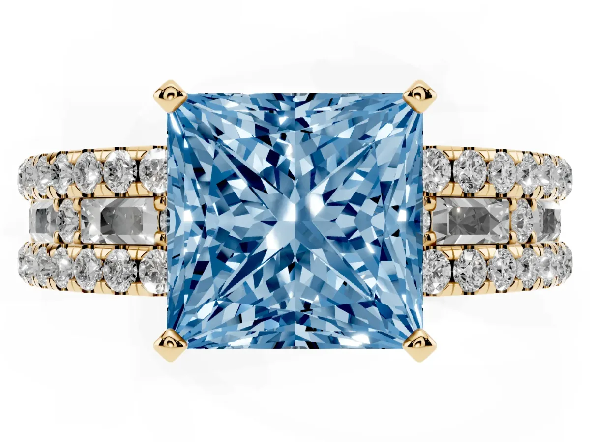 Fancy Blue Princess Cut Diamond Solitaire Ring with Pavé and Channel Set Band Yellow gold