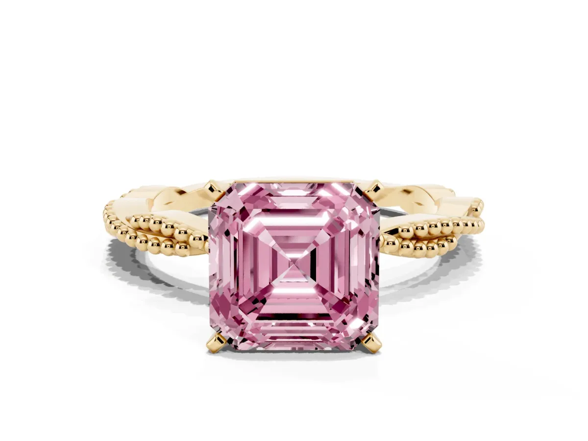Fancy Pink Asscher Cut Solitaire Twisted Band with Bead Prong Setting Yellow gold