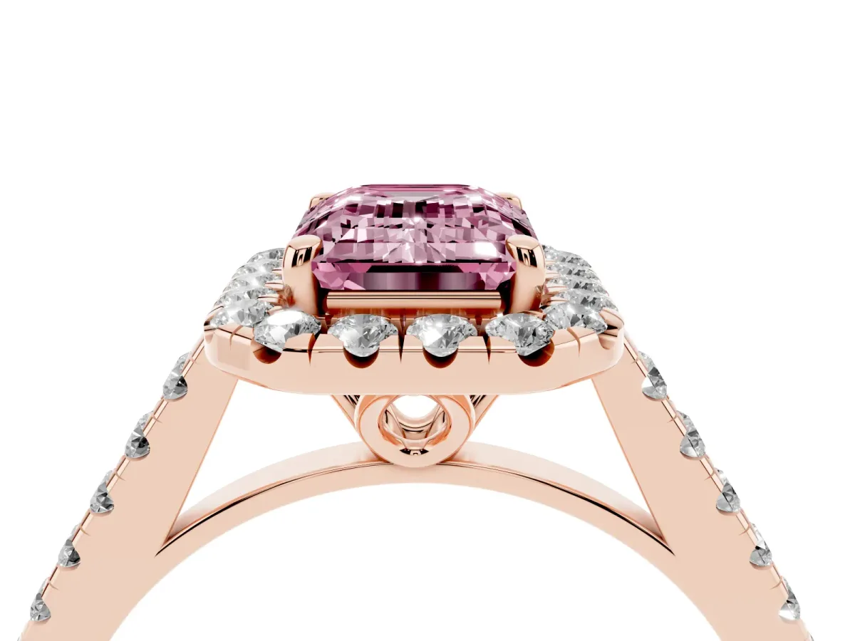Fancy Pink Emerald Cut Halo Pavé Diamond Engagement Ring with Four-Prong Setting Rose gold