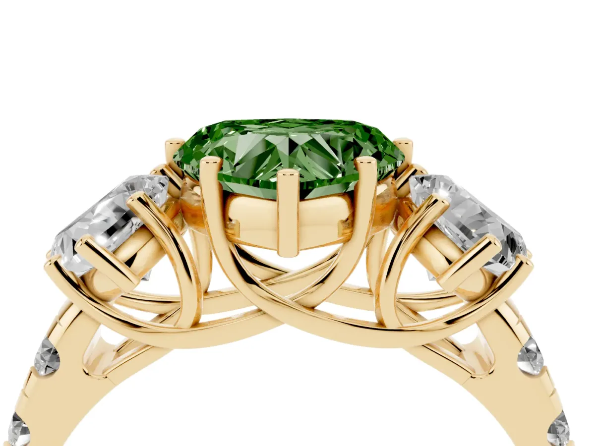 Fancy Green Three-Stone Heart Cut Diamond Pavé Band with Prong Setting Yellow gold