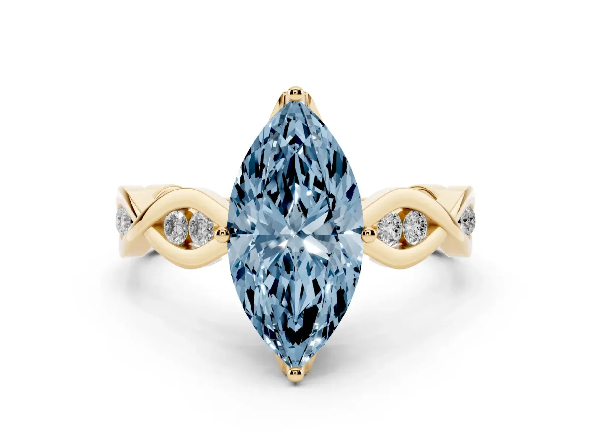 Fancy Blue Marquise Cut Solitaire Twist Band with Leaf Prong Setting Yellow gold