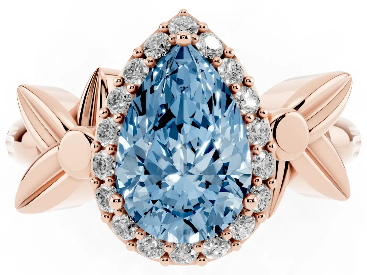 Fancy Blue Pear Cut Halo Diamond Floral Band with Four-Prong Setting Rose gold