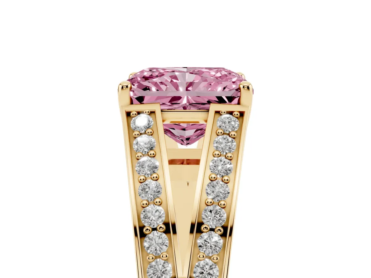Fancy Pink Radiant Cut Diamond Split Shank Ring with Pavé Band and Four-Prong Setting Yellow gold
