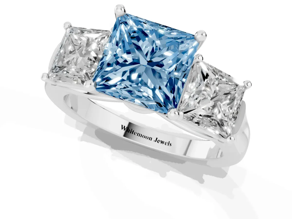 Fancy Blue Three-Stone Princess Cut Brilliant Diamond Trellis Ring with Comfort Fit Band White gold