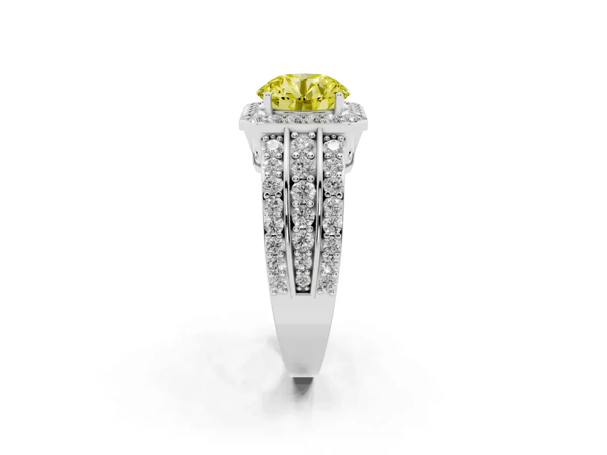 Fancy Yellow Round Cut Halo Diamond Ring with Round Split Shank and Prong Setting Platinum