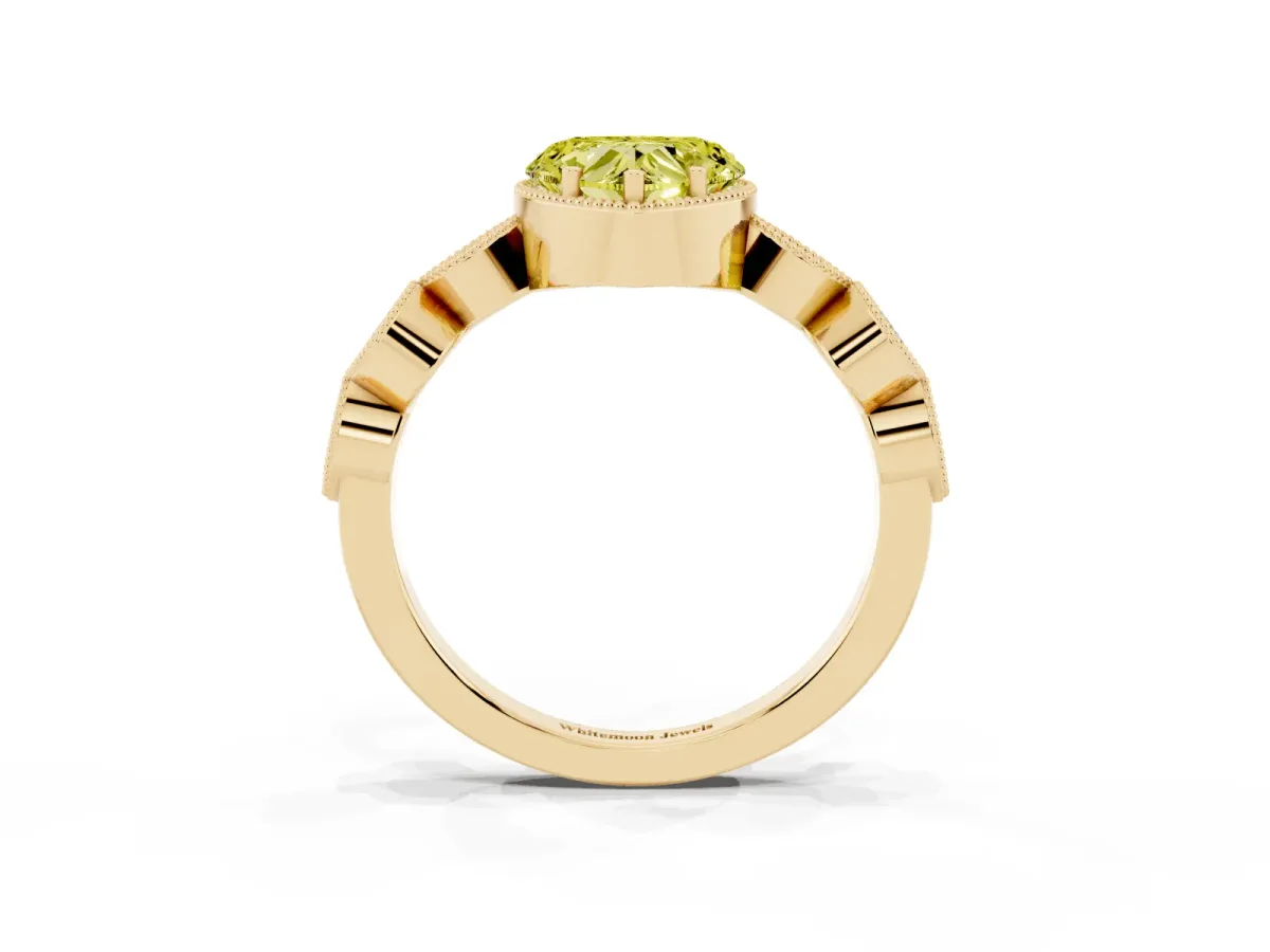 Fancy Yellow Heart Cut Diamond Vintage Milgrain Ring with Round Stations Yellow gold