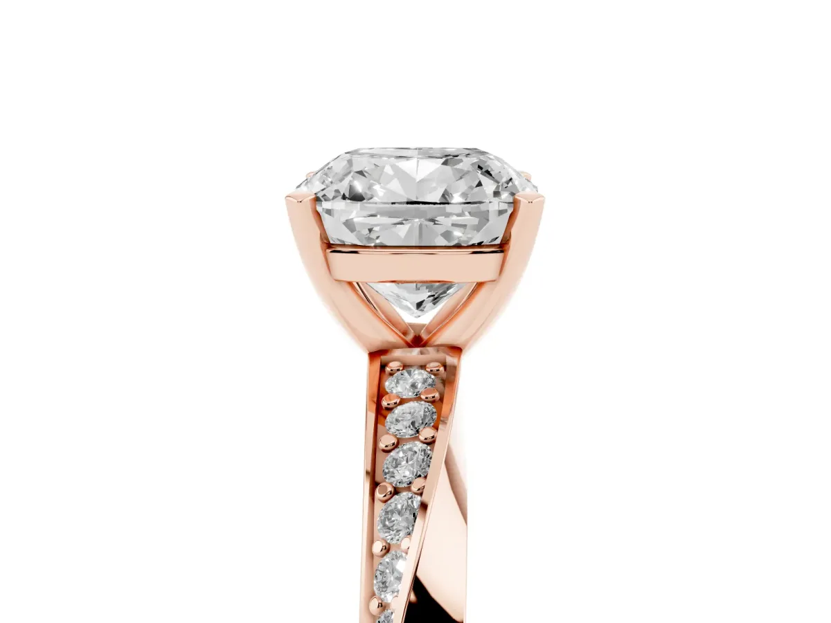 Cushion Cut Diamond Engagement Ring with Side Stone Accents and Four-Prong Setting Rose gold