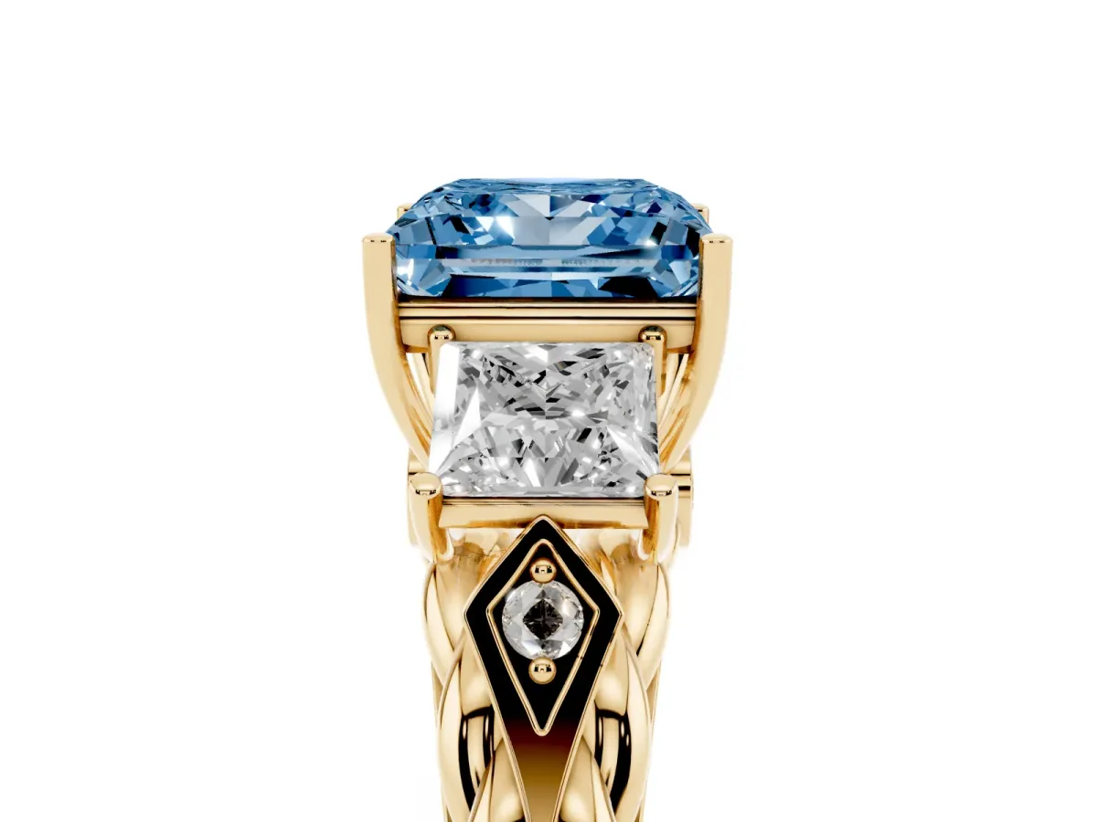 Fancy Blue Three-Stone Princess Cut Diamond Braided Band Ring with Four-Prong Setting Yellow gold