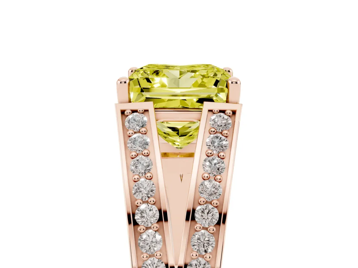 Fancy Yellow Princess Cut Diamond Split Shank Ring with Pavé Band and Four-Prong Setting Rose gold