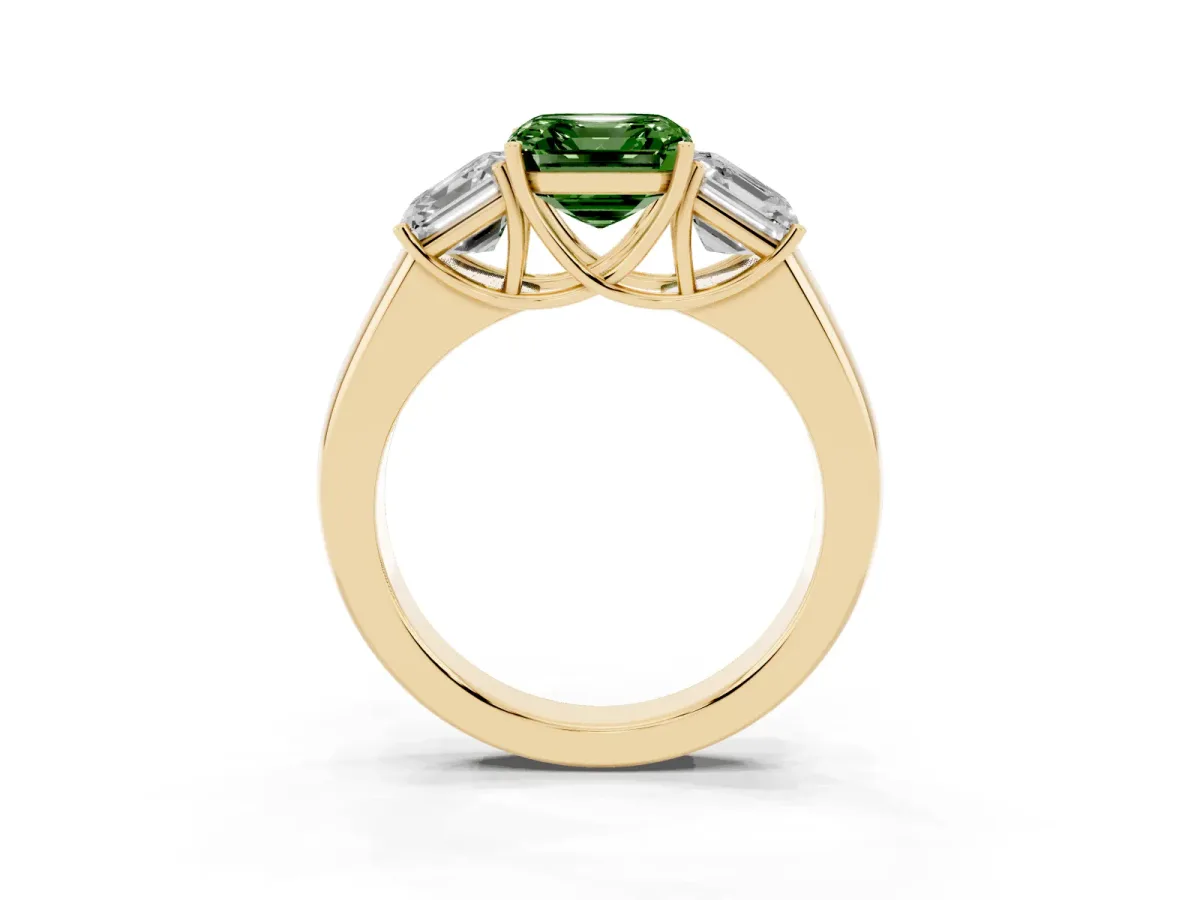 Fancy Green Three-Stone Asscher Cut Cut Diamond Ring with Prong Setting and Classic Band Yellow gold