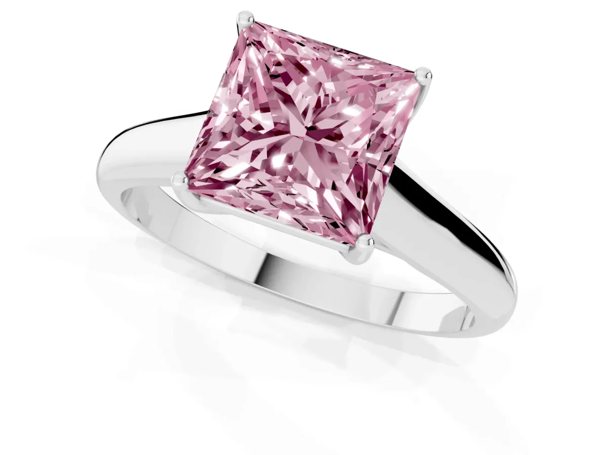 Fancy Pink Princess Cut Solitaire Engagement Ring with Tapered Band and Four-Prong Setting Platinum