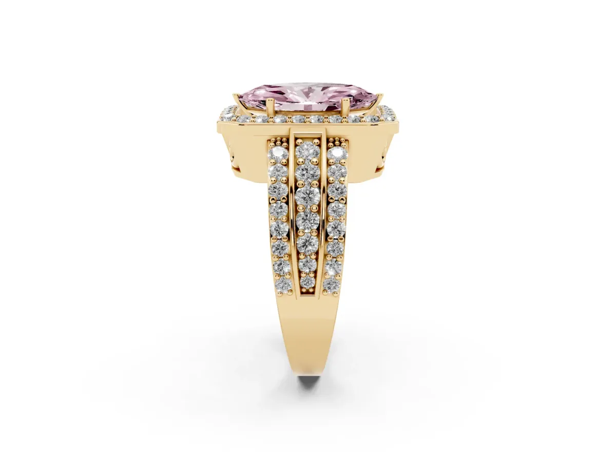 Fancy Pink Marquise Cut Halo Diamond Ring with Round Split Shank and Prong Setting Yellow gold