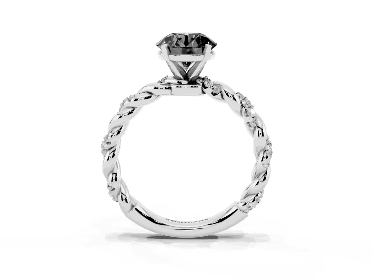 Fancy Black Round Cut Diamond Solitaire Ring with Twisted Band and Pavé Accents Platinum