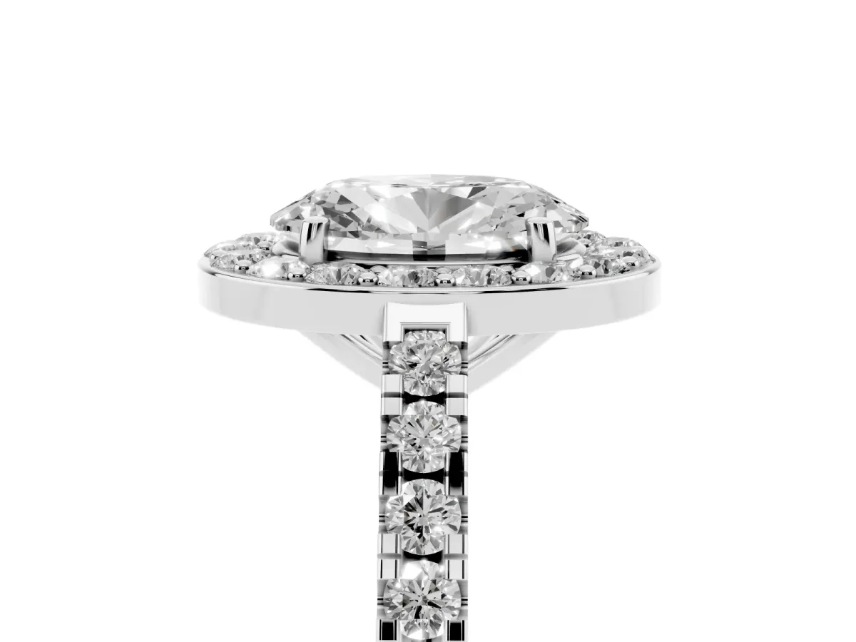 Oval Cut Diamond Halo Ring with Round Pavé Split Shank and Prong Setting White gold