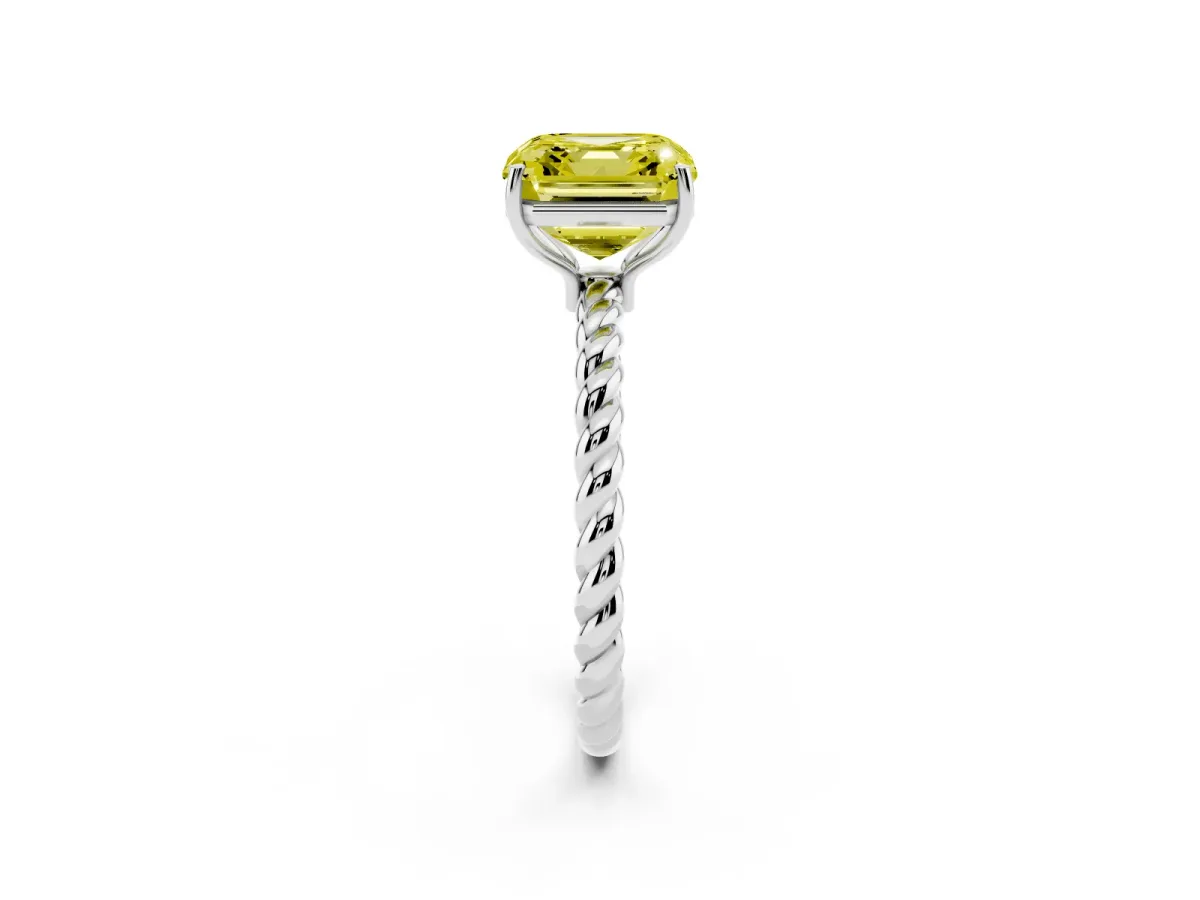 Fancy Yellow Asscher Cut Solitaire Twist Band Ring with Four-Prong Setting White gold