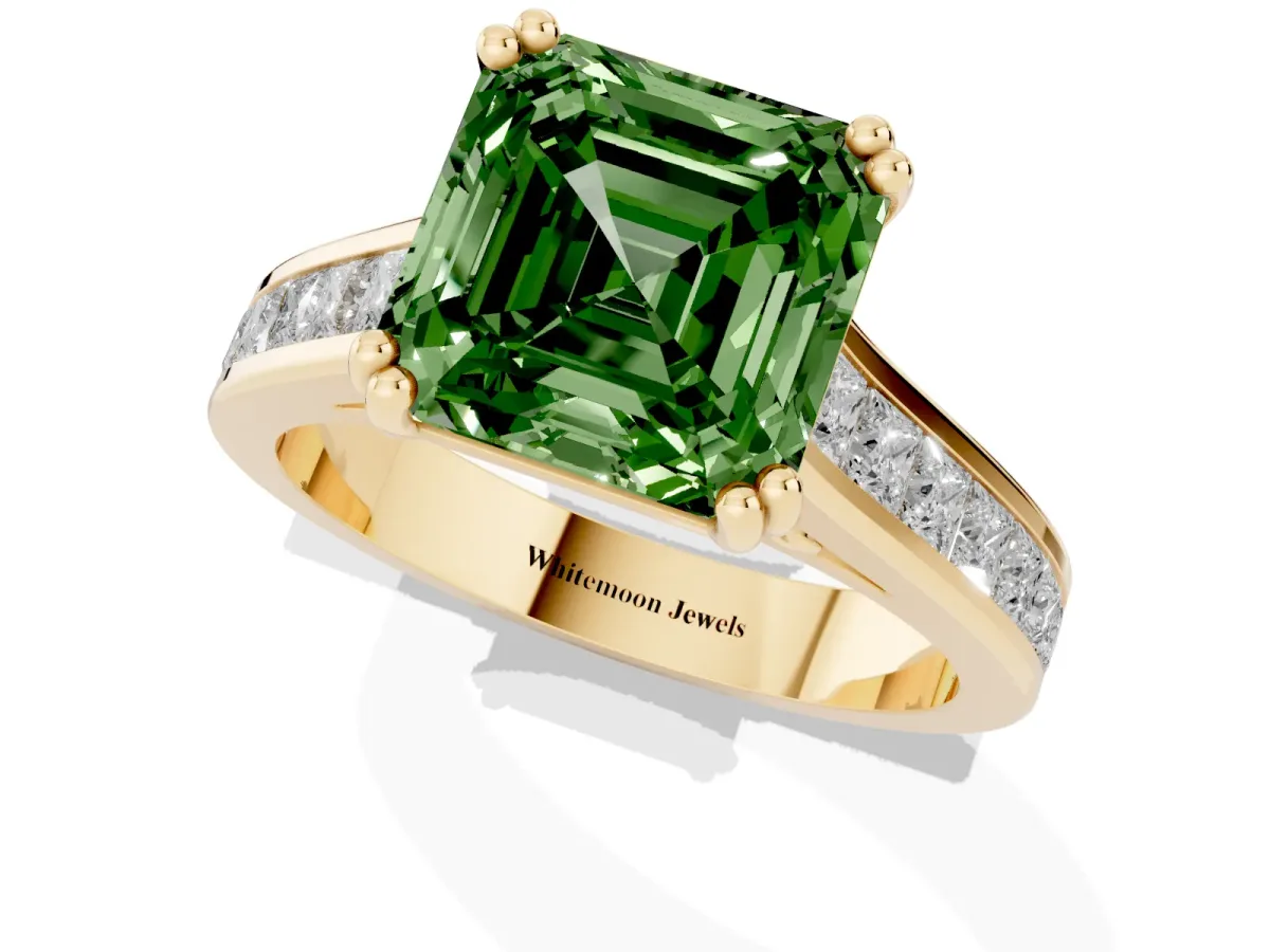 Fancy Green Asscher Cut Cut Channel Set Solitaire Engagement Ring with Prong Setting Yellow gold