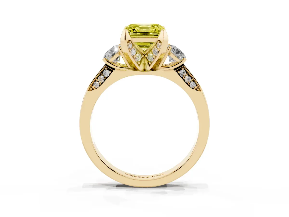 Fancy Yellow Asscher Cut Brilliant Three-Stone Diamond Ring with Pavé Band and Four-Prong Setting Yellow gold