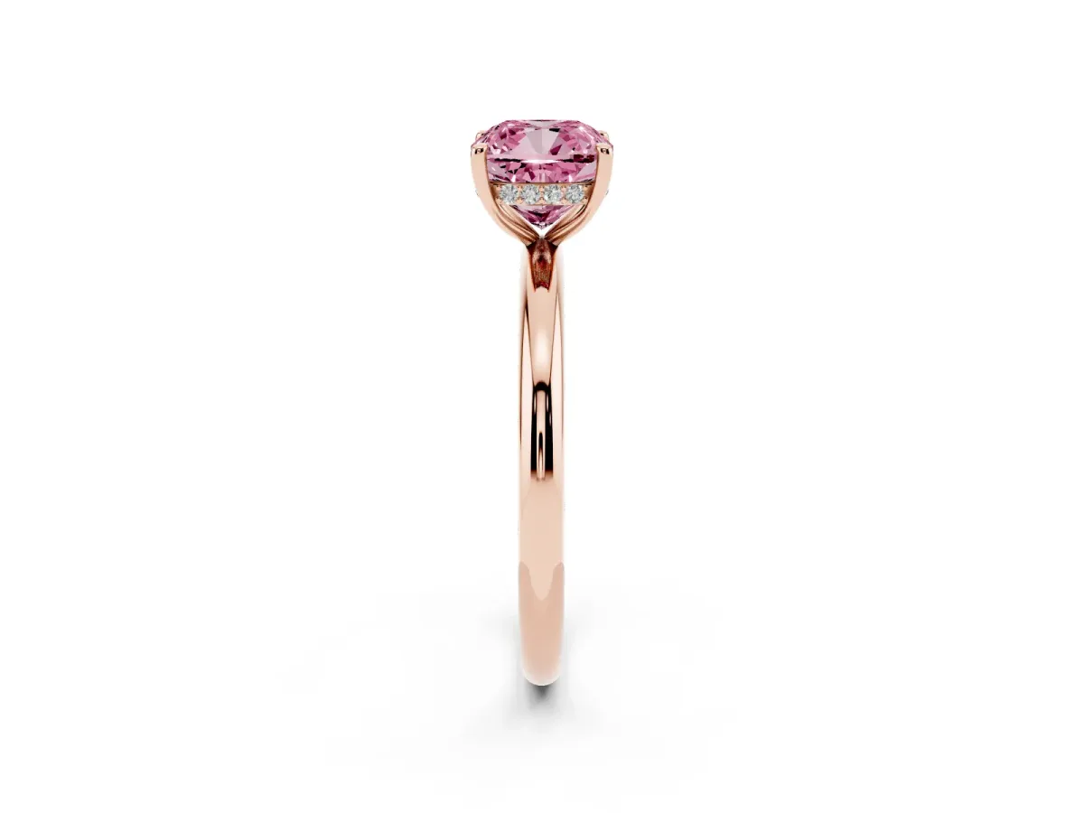 Fancy Pink Cushion Cut Diamond Solitaire Ring with Thin Band and Four-Prong Setting Rose gold
