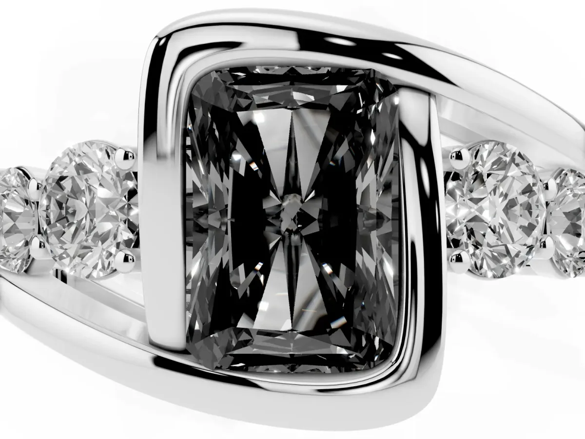 Fancy Black Bezel Set Radiant Cut Diamond Bypass Ring with Round Accents Silver