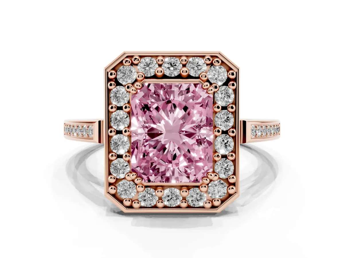 Fancy Pink Radiant Cut Diamond Halo Ring with Split Shank and Four-Prong Setting Rose gold