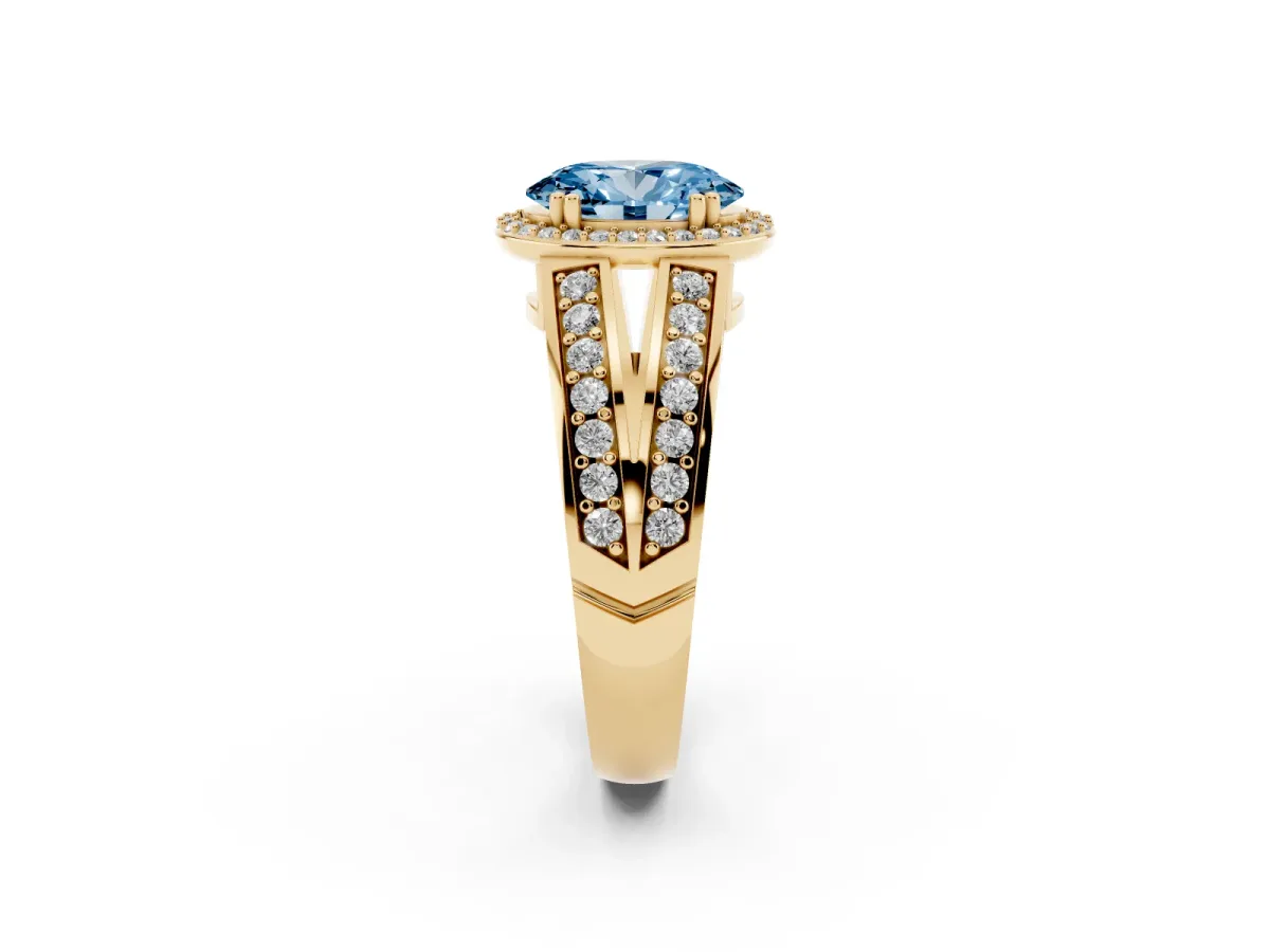Fancy Blue Oval Cut Diamond Halo Ring with Split Shank Pavé Band and Four-Prong Setting Yellow gold