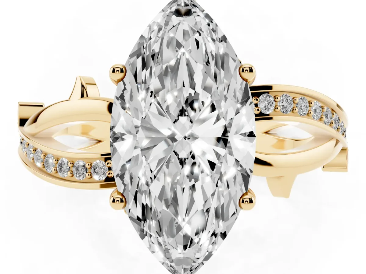 Marquise Cut Solitaire Twist Band with Pavé Accents and Four-Prong Setting Yellow gold