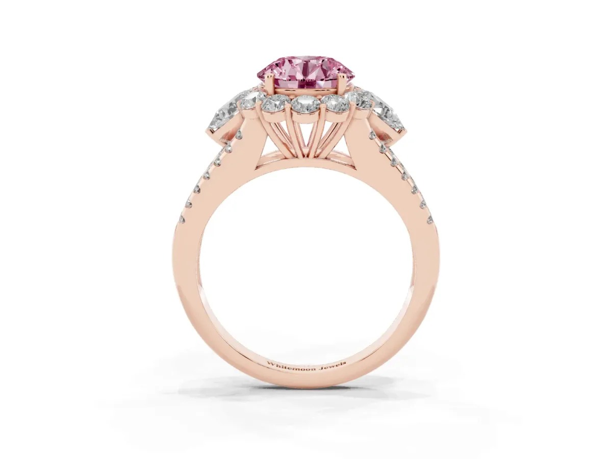Fancy Pink Round Cut Halo Split Shank Diamond Engagement Ring with Prong Setting Rose gold