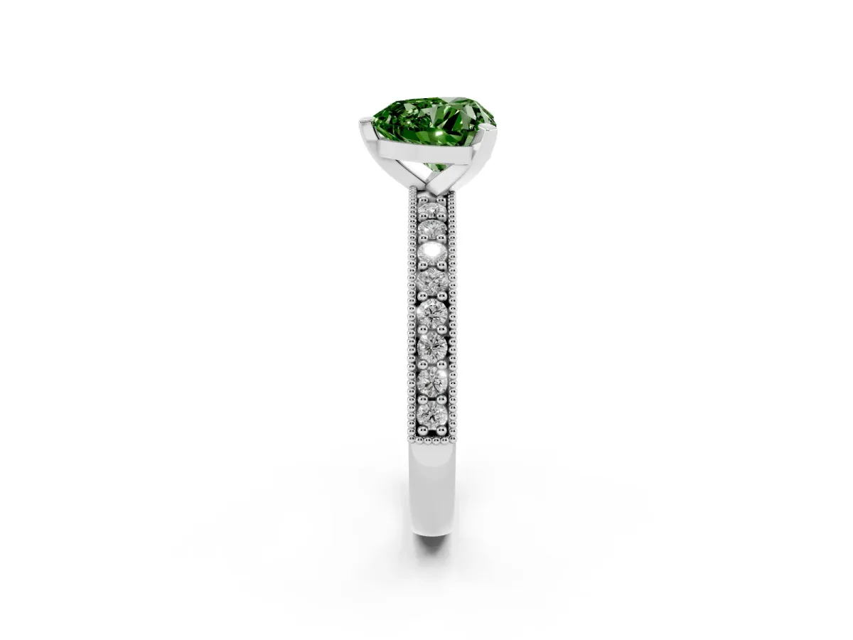 Fancy Green Heart Cut Diamond Milgrain Pavé Engagement Ring with Four-Prong Setting Silver