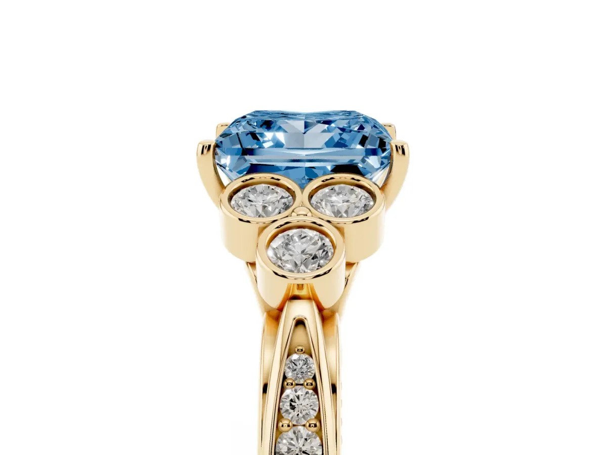 Fancy Blue Princess Cut Cut Diamond Engagement Ring with Bezel Set Round Side Stones and Prong Setting Yellow gold