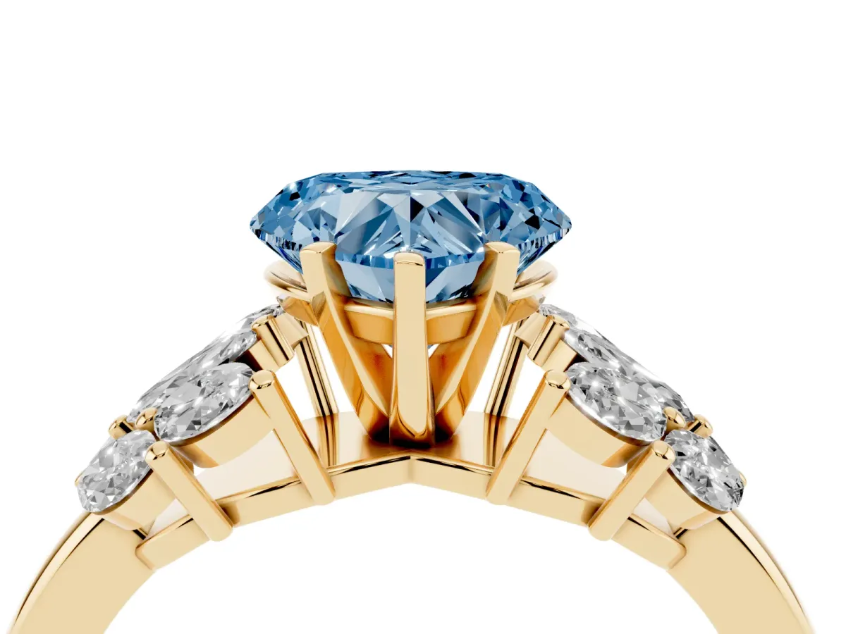Fancy Blue Heart Cut Diamond Cluster Leaf Design Ring with Prong Setting Yellow gold