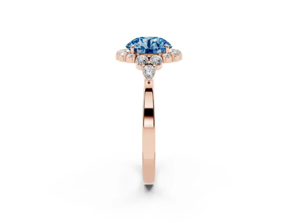 Fancy Blue Round Cut Diamond Halo Ring with Pear Side Stones and Prong Setting Rose gold