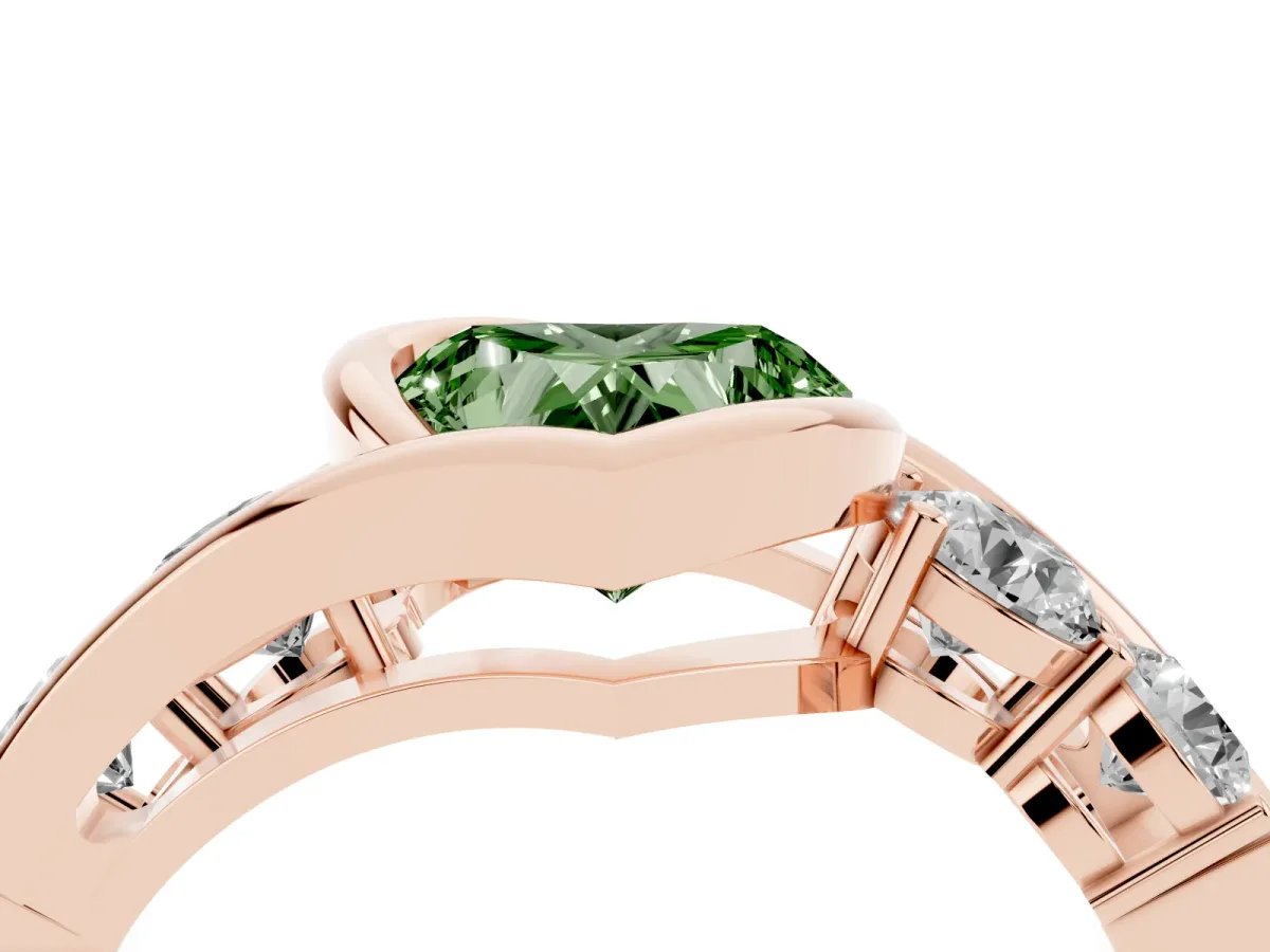 Fancy Green Bezel Set Heart Cut Diamond Bypass Ring with Round Accents Rose gold