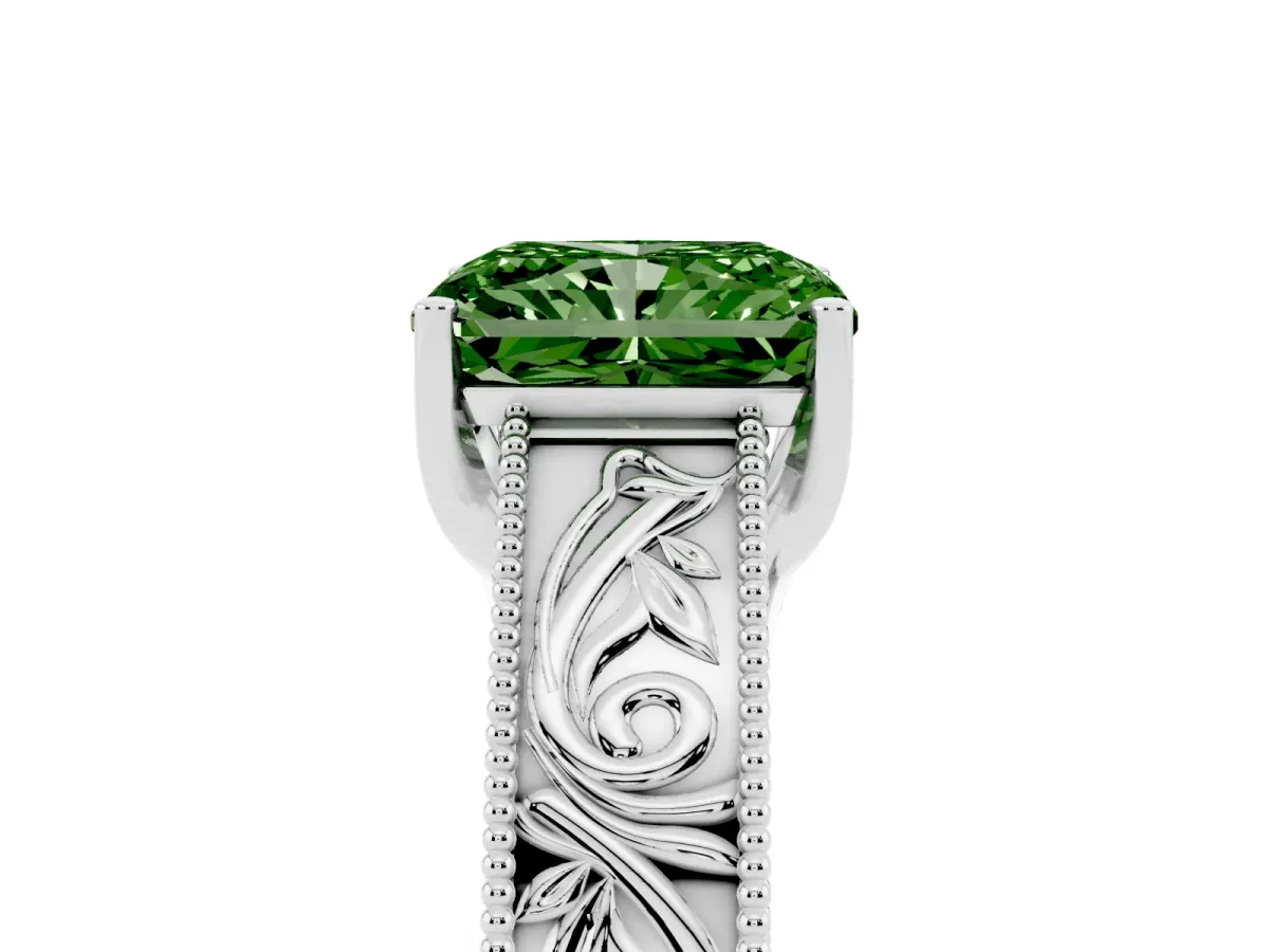 Fancy Green Radiant Cut Diamond Solitaire Ring with Engraved Band and Four-Prong Setting Platinum