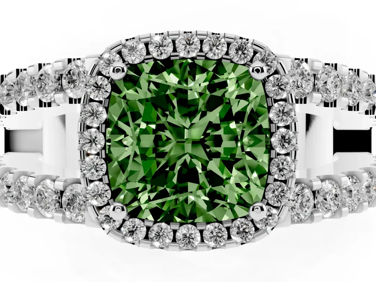 Fancy Green Cushion Cut Cut Halo Split Shank Diamond Ring with Four-Prong Setting Silver