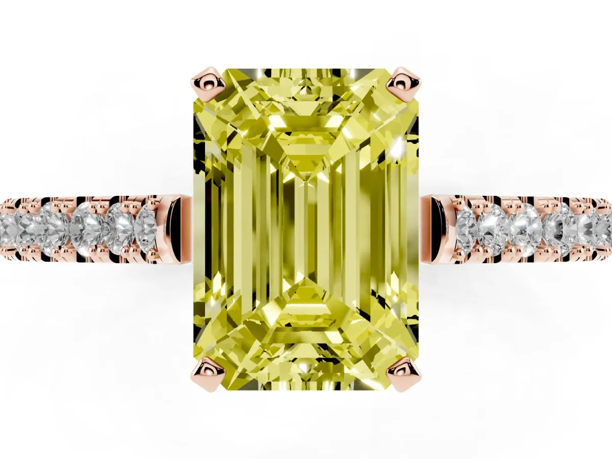 Fancy Yellow Emerald Cut Cut Solitaire Diamond Engagement Ring with Pave Band and Four-Prong Setting Rose gold