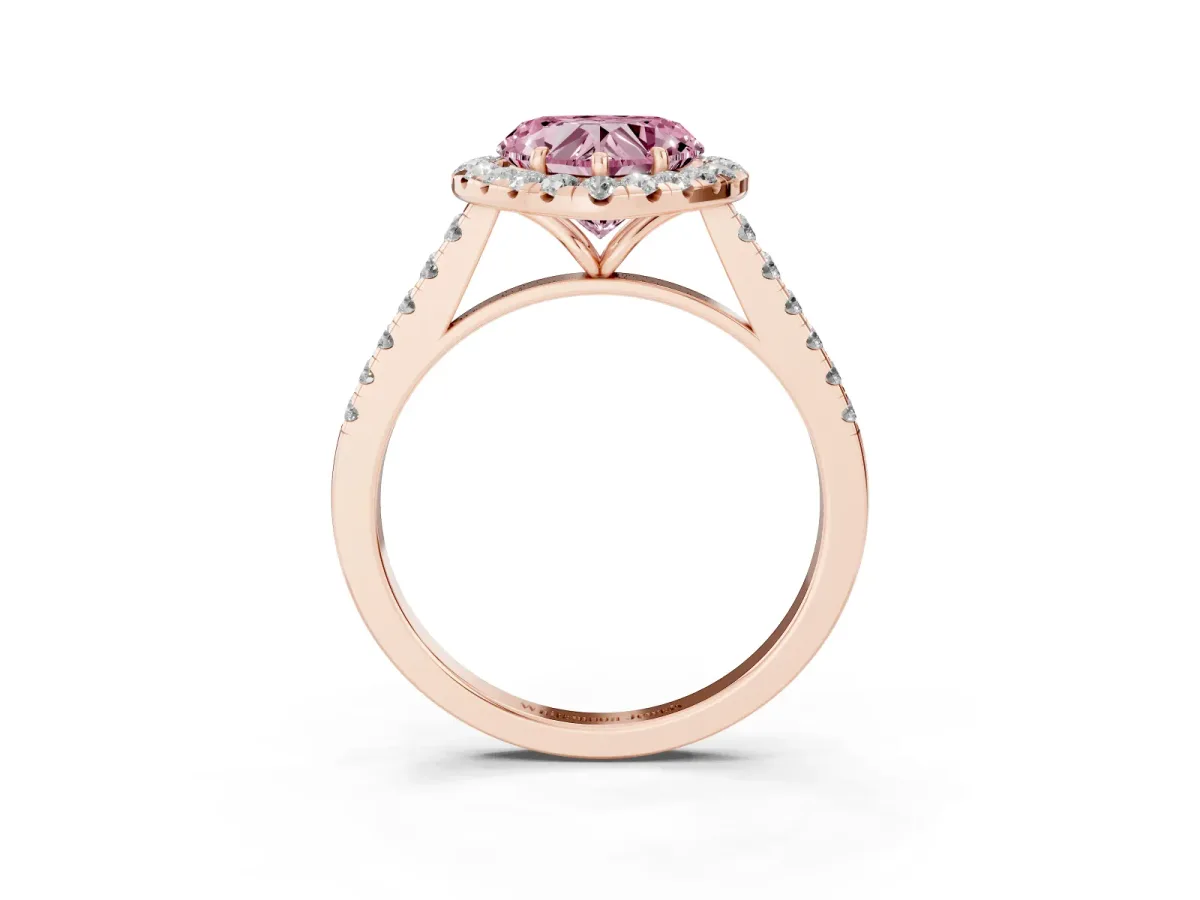 Fancy Pink Heart Cut Halo Pave Diamond Engagement Ring with Four-Prong Setting Rose gold