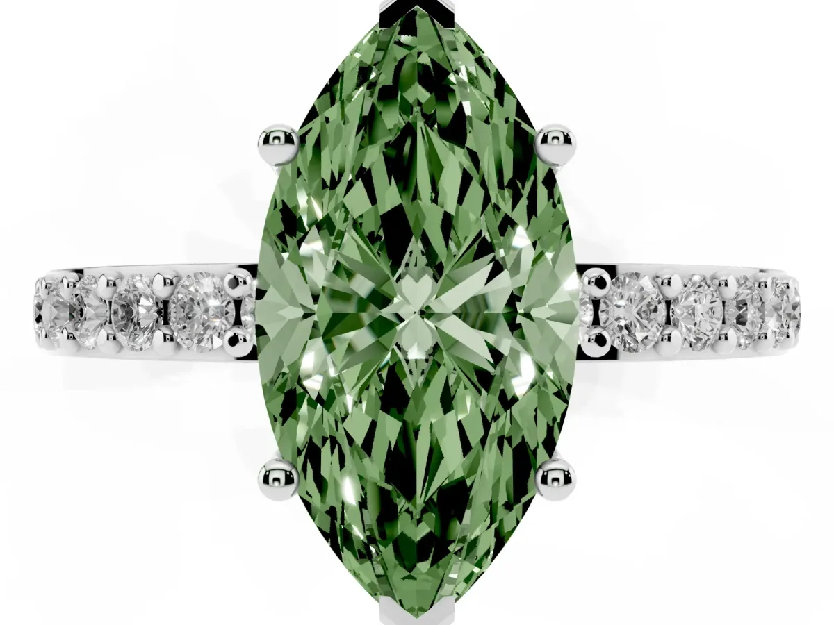 Fancy Green Marquise Cut Cut Diamond Solitaire with Pave Band and Four-Prong Setting Silver