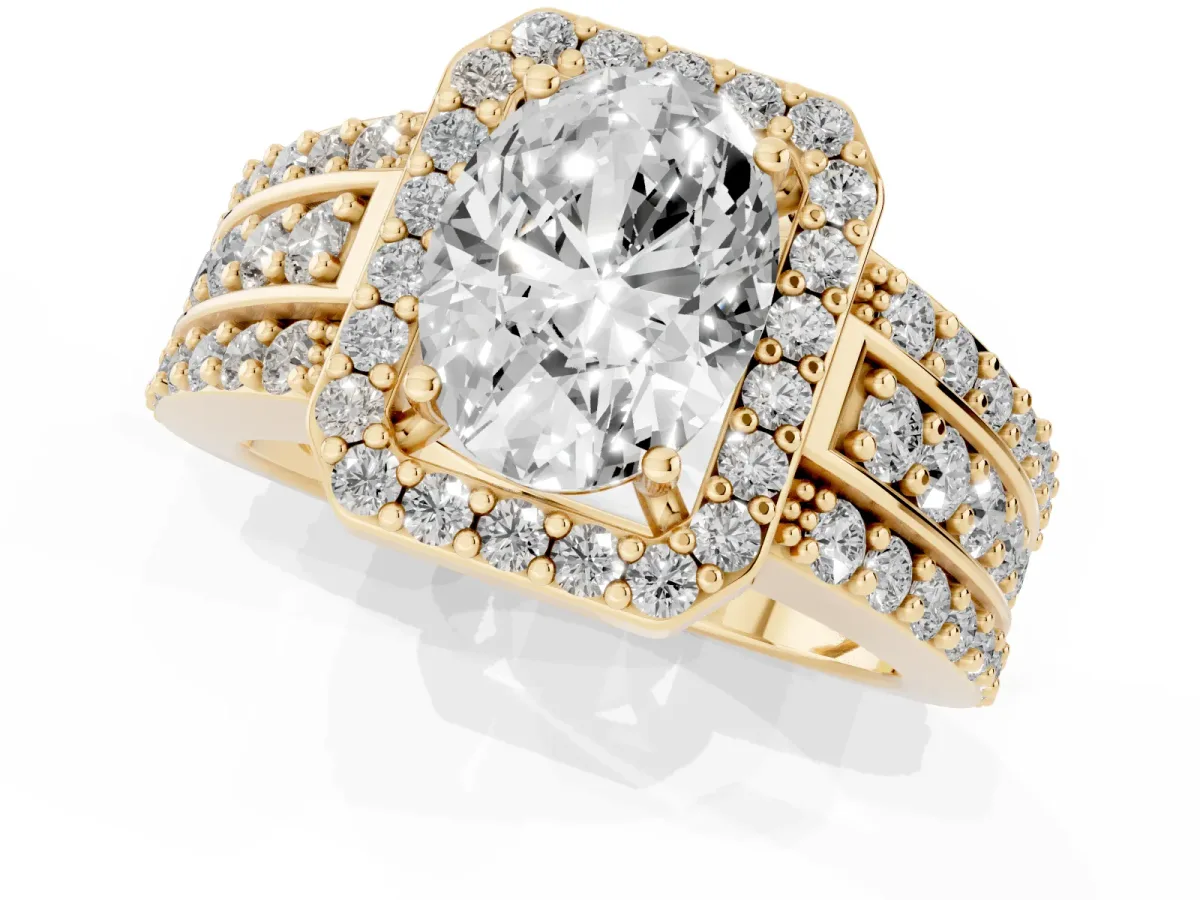 Oval Cut Halo Diamond Ring with Round Split Shank and Prong Setting Yellow gold