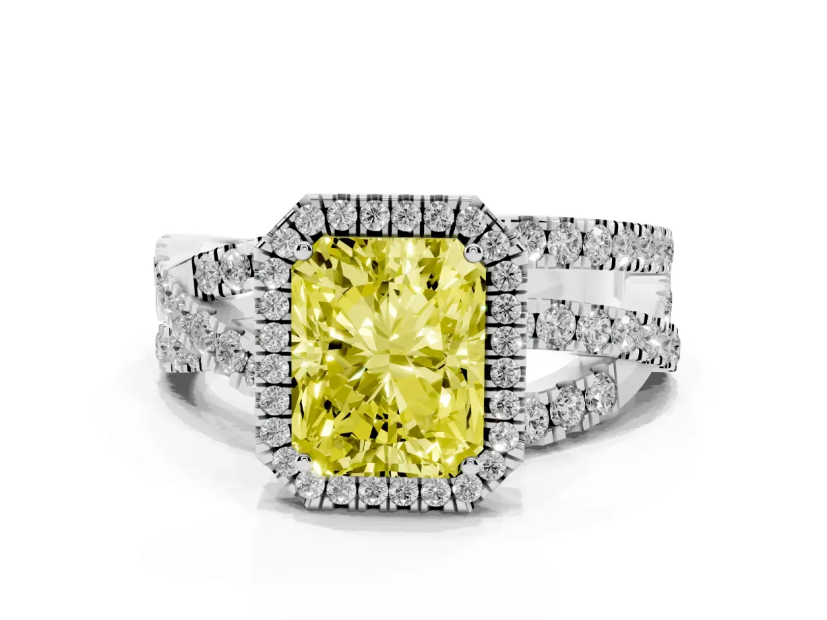 Fancy Yellow Radiant Cut Diamond Halo Ring with Round Split Shank and Prong Setting Silver