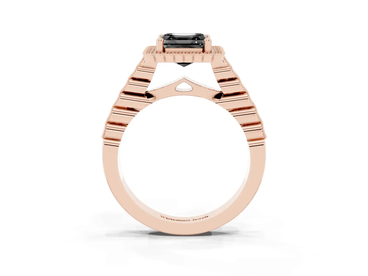 Fancy Black Asscher Cut Cut Halo Pavé Solitaire Ring with Milgrain Band Rose gold