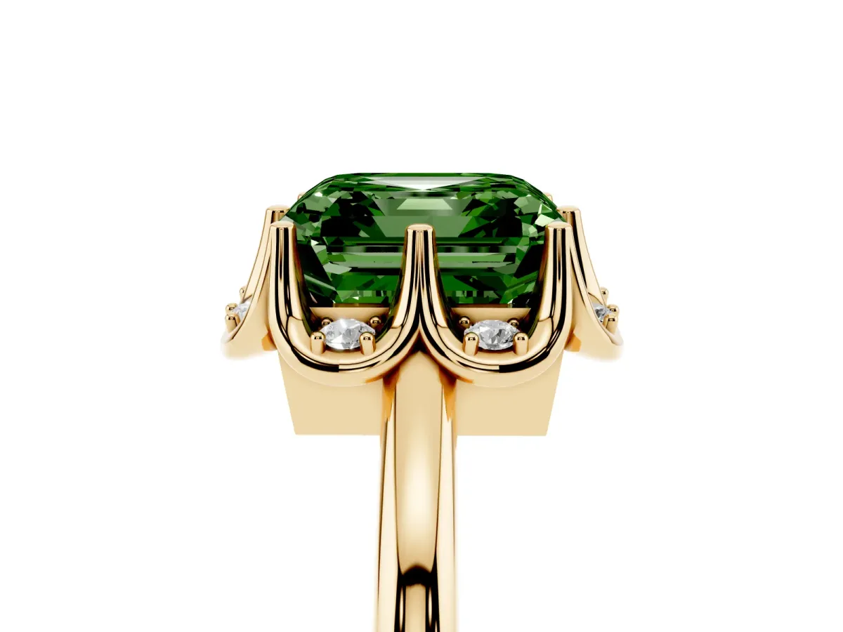 Fancy Green Asscher Cut Halo Diamond Ring with Round Cluster Setting, Solitaire Band, and Four-Prong Setting Yellow gold