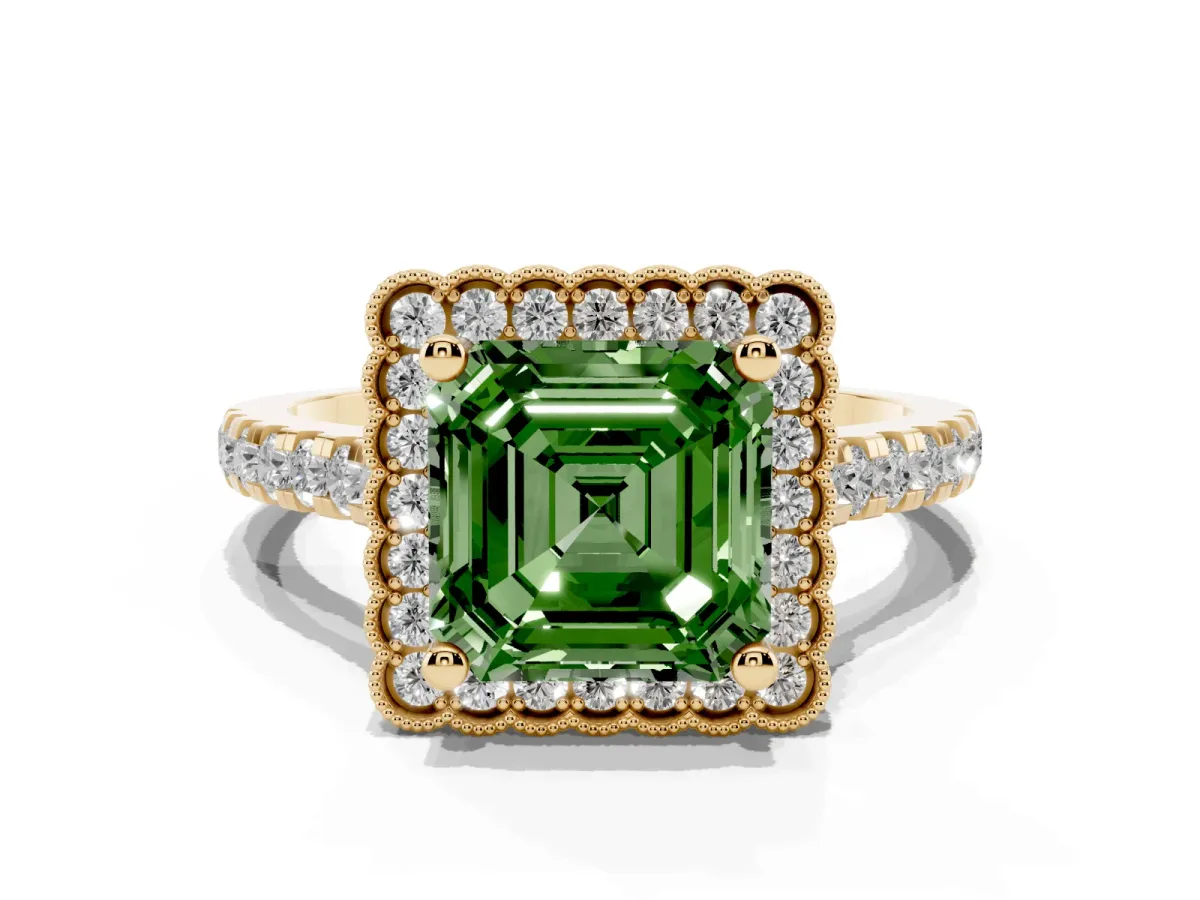 Fancy Green Asscher Cut Cut Diamond Milgrain Floral Halo Engagement Ring with Pavé Band Yellow gold